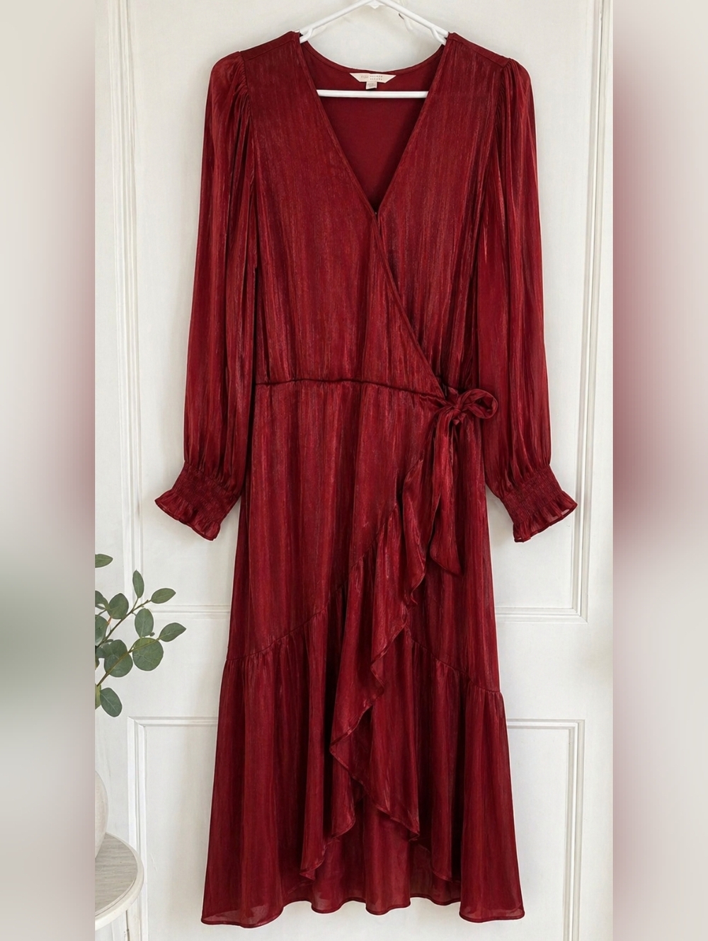 LC Lauren Conrad Deep Red Wrap Maxi Dress with Ruffle Trim USED